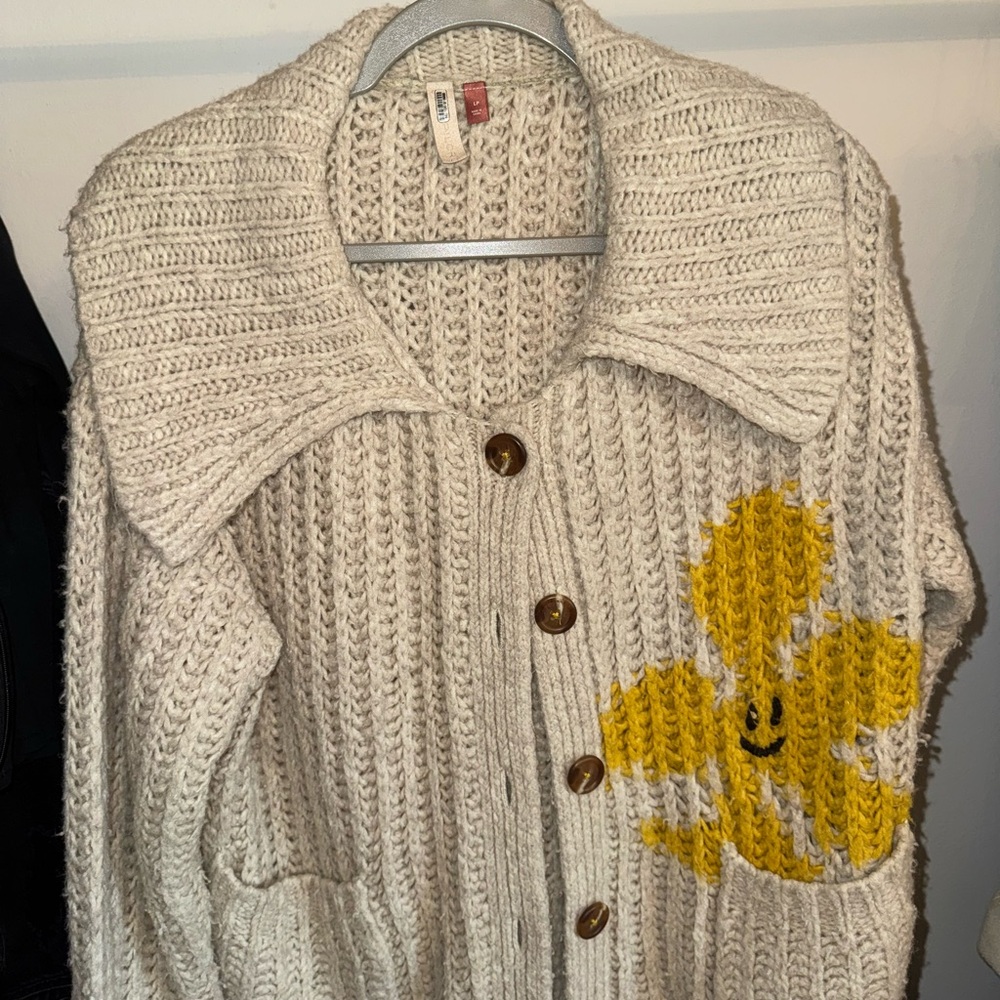 Pilcro Cream Cardigan with Yellow Floral Accent